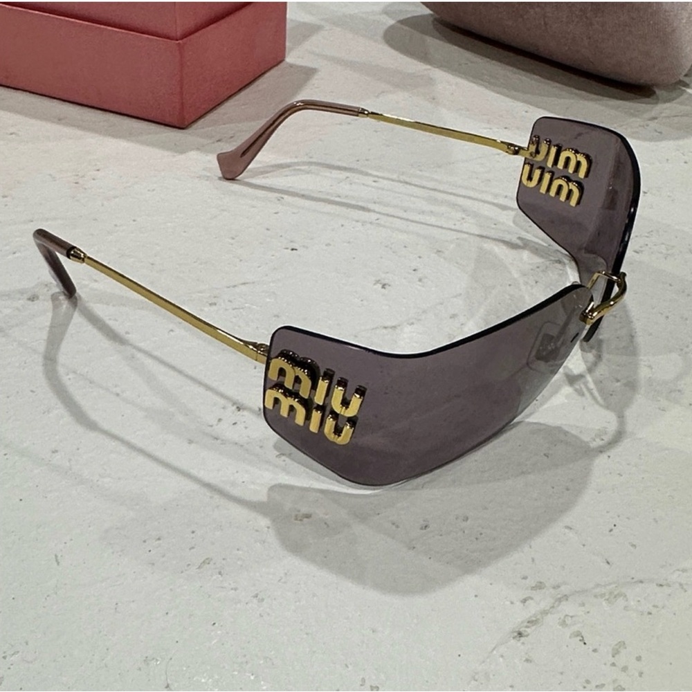 Miu Miu Rimless Square Sunglasses in Mauve with Gold Accents - Picture 2 of 8